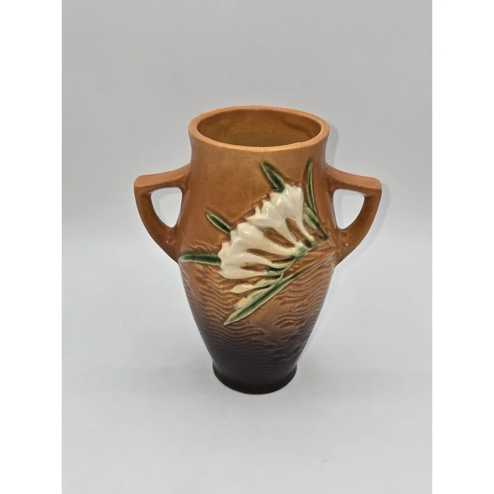 Roseville Freesia Vase 117-6 Double‎ Handle Brown Art Pottery 1940s